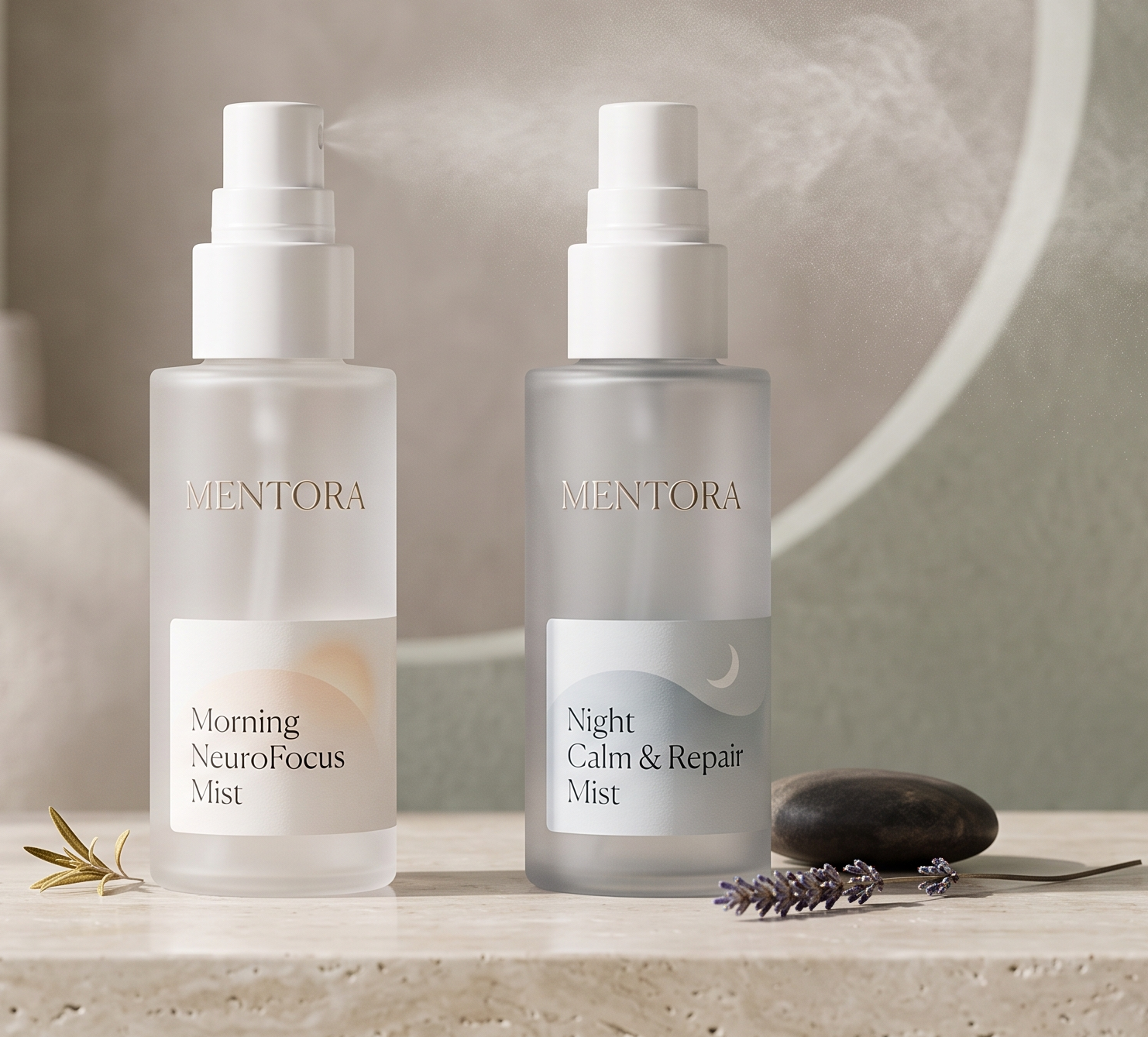 Mentora Morning NeuroFocus Mist and Night Calm & Repair Mist facial spray bottles on marble